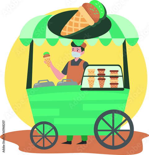 A man selling ice cream at ice cream hawker while keep using medical mask