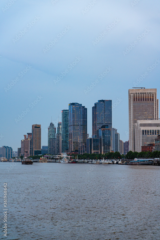 The modern buildings at the bund of Shanghai, shot at sunset.