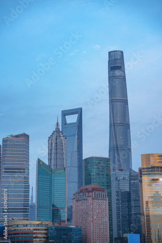 The modern skyscrapers in Lujiazui, along the Huangpu River, in Shanghai, China.