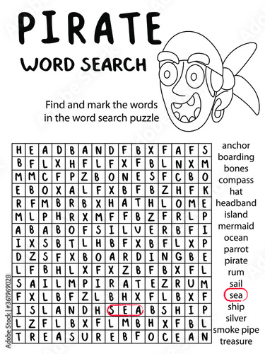 Work search puzzle with little coloring pirate for children stock vector illustration. International talk like a pirate day children worksheet. Pirate word search and white printable illustration.