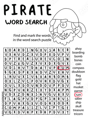 Pirate word search puzzle for kids vector illustration. Educational english language word game with pirate theme. Black and white vertical printable worksheet with little coloring and word searching.