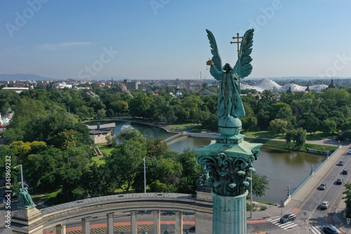 Heroes' Square or the Millennium Monument is the most important attraction of the city. Archangel Gabriel at the top of the Corinthian column. Tourist attraction Budapest, Hungary.