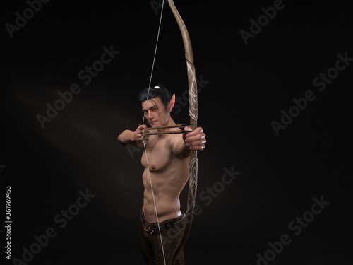 3D Rendering : A portrait of the elf male character standing and shooting with a bow and arrow in his hands
