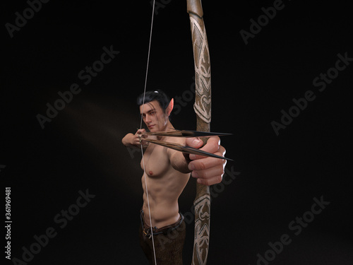 3D Rendering : A portrait of the elf male character standing and shooting with a bow and arrow in his hands