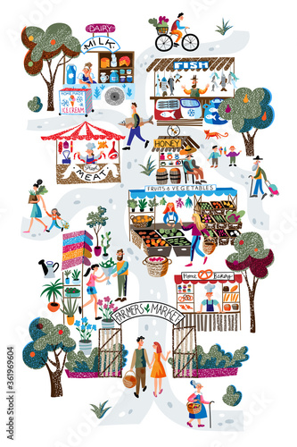 Seasonal outdoor farmers market. Buyers and sellers on local marketplace. People selling and shopping fresh milk, meat, fruits, vegetables, bakery. Retail business, bazaar vector concept.