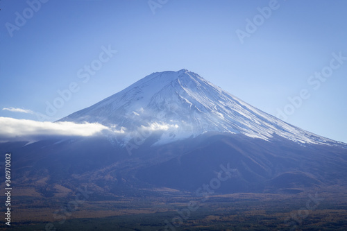Clear view of Mount Fuji peak in the late afternoon before sunset, from Kawaguchiko Ropeway trails in autumn, Japan.