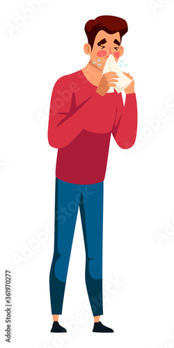 Vector illustration man sneezes or blows nose in handkerchief