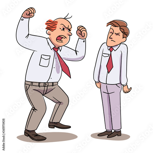 Evil boss shouting on office worker. Annoyed chief scolding upset employee workplace conflict. Furious expression, negative emotion, aggression. Problem at work. Chain anger. Vector design.