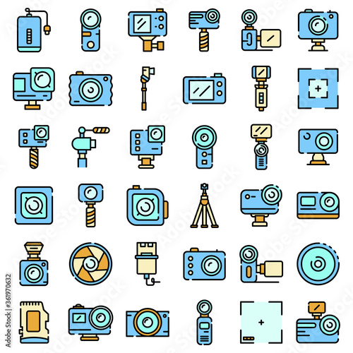 Action camera icons set. Outline set of action camera vector icons thin line color flat on white