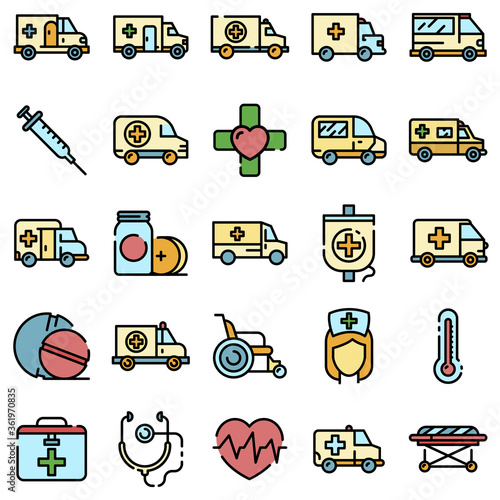 Ambulance icons set. Outline set of ambulance vector icons thin line color flat on white