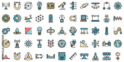 Physics icons set. Outline set of physics vector icons thin line color flat on white