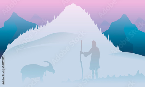 travel design  landscape with mountains  shepherd and goat  fantasy