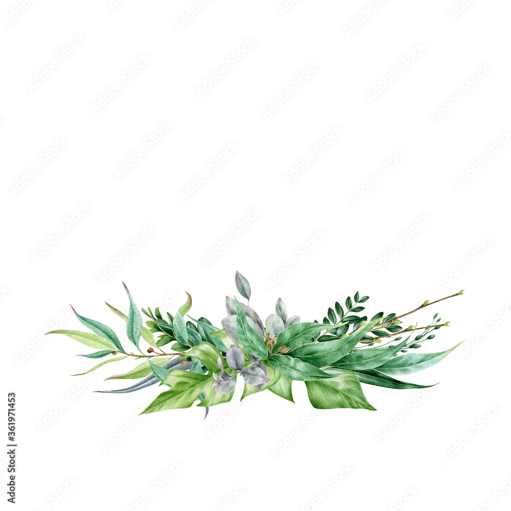 Green leaf bouquet watercolor hand drawn elegant arrangement. Eucalyptus and monstera exotic leaves in decorative bouquet. Lush tropical floral green decor for wedding card on white background Green leaf bouquet watercolor hand drawn elegant arrangement. Eucalyptus and monstera exotic leaves in decorative bouquet. Lush tropical floral green decor for wedding card on white background