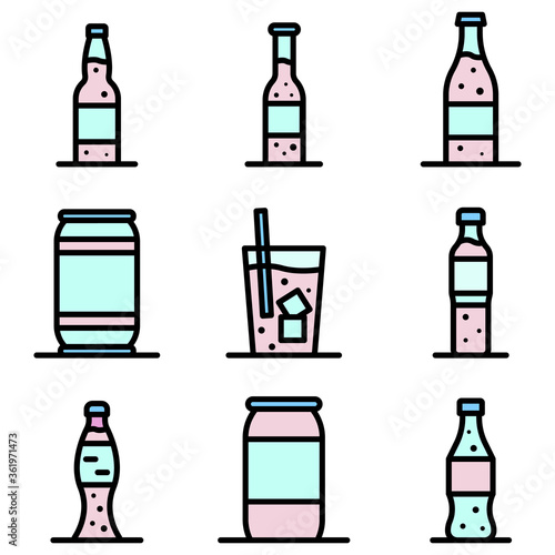 Soda icons set. Outline set of soda vector icons thin line color flat on white