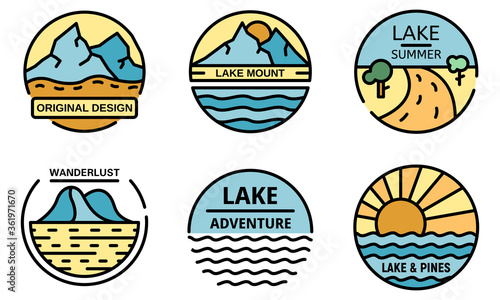 Lake logo set. Outline set of lake vector logo thin line color flat on white