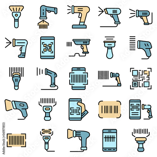 Barcode scanner icons set. Outline set of barcode scanner vector icons thin line color flat on white © ylivdesign