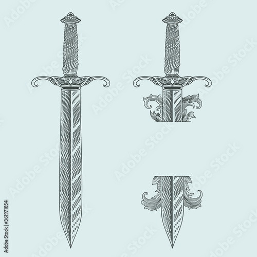 vintage dagger with engraving style set
