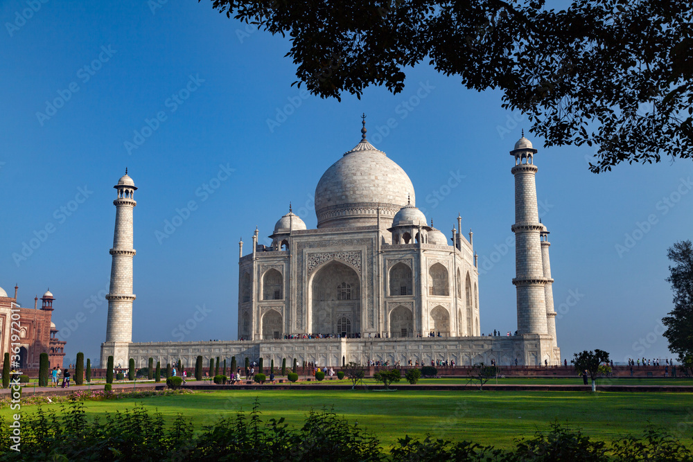 A view of Taj mahal with green grass and blue sky in Agra,