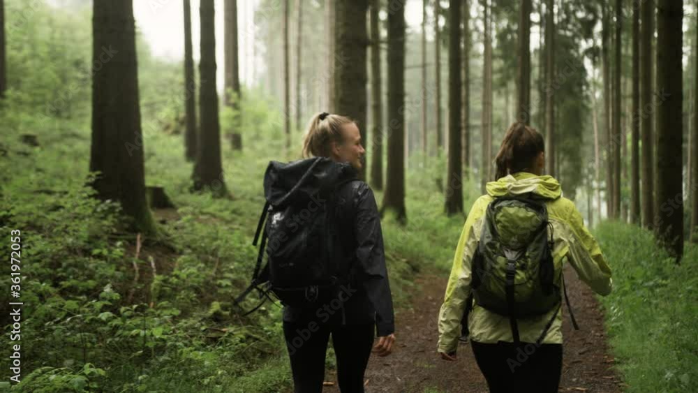 Two young women on a hike through the forest Two young women on a hike through the forest
