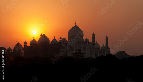 A panoramic view of the Taj Mahal at evening hours,