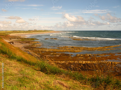 View from the beach   sea view   clouds over the coastline   gentle waves    grass on dunes