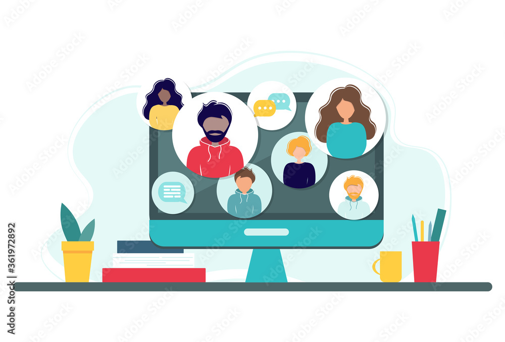 Online meeting via group call. Home office concept with computer, books and cup. Group of people doing video conference. Vector illustration in flat style. Stay at home. Self-isolation - obrazy, fototapety, plakaty 