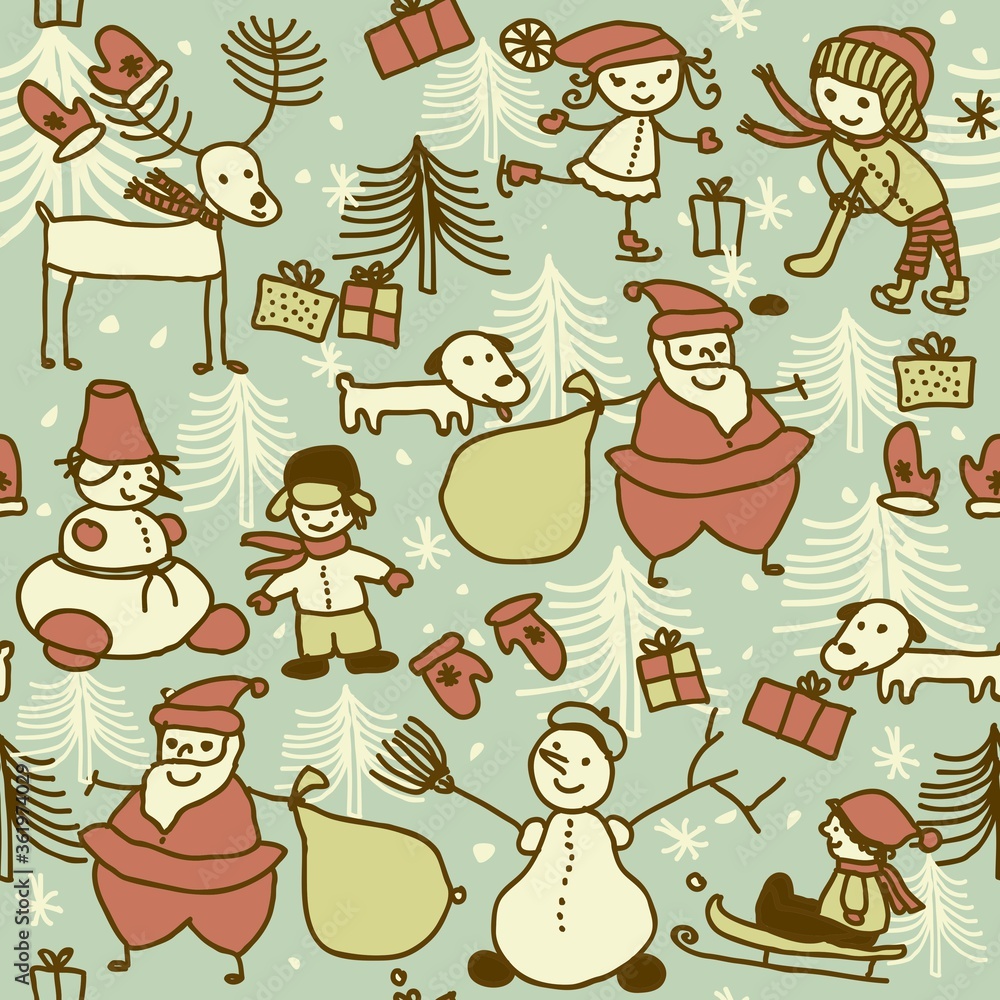 Fototapeta premium seamless xmas pattern with santa and children playing