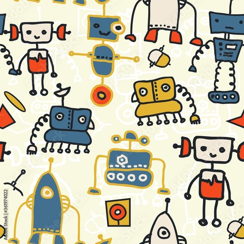 seamless doodle pattern with colorful robots