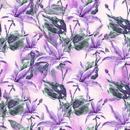 Campanula Seamless Pattern. Watercolor Hand Painted Background.