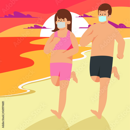 Woman and man are running together at the beach while keep using medical mask