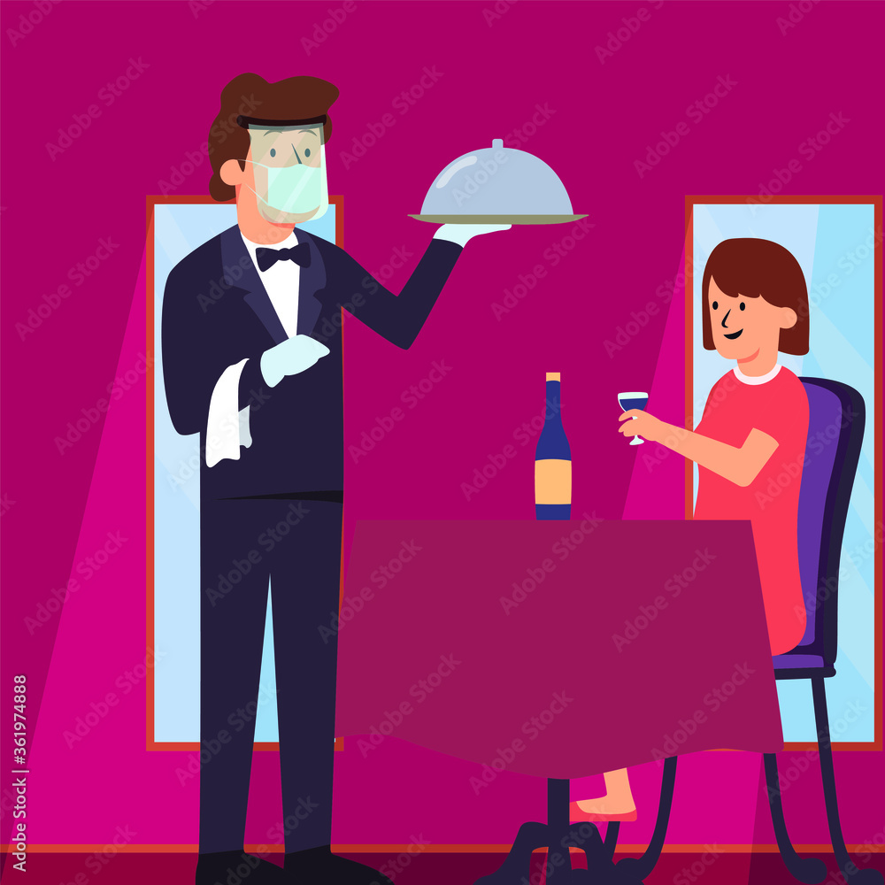 Butler is serving order for woman customer while keep using face shield Butler is serving order for woman customer while keep using face shield