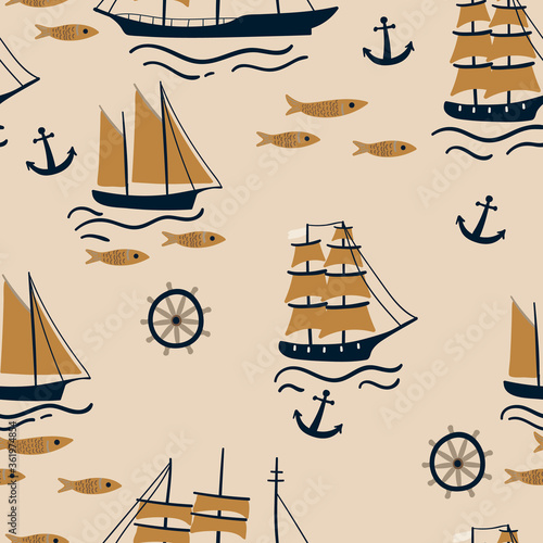 seamless childish pattern with hand drawn ships. creative nautical designs for fabric, wrapping, wallpaper, textile, apparel.
