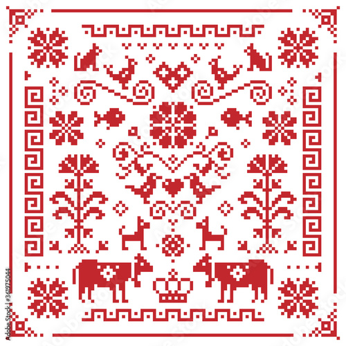 Retro Austrian and German cross-stitch vector floral pattern, symmetric emrboidery tile design with birds, dogs, cows, hearts and flowers
