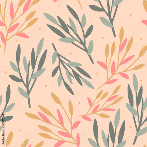Hand drawn leaves seamless pattern for print, textile, fabric, apparel design. Spiring, autumn background with abstract leaves.