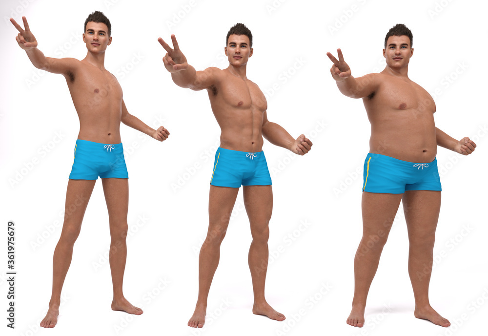 3D Rendering : standing male body type illustration : ectomorph (skinny type),  mesomorph (muscular type), endomorph (heavy weight type),Front View Stock  Illustration