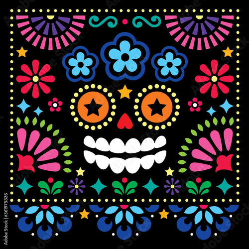 Mexican folk art vector folk art design with sugar skull and flowers, Halloween and Day of the Dead colorful pattern on black background - greeting card
 
