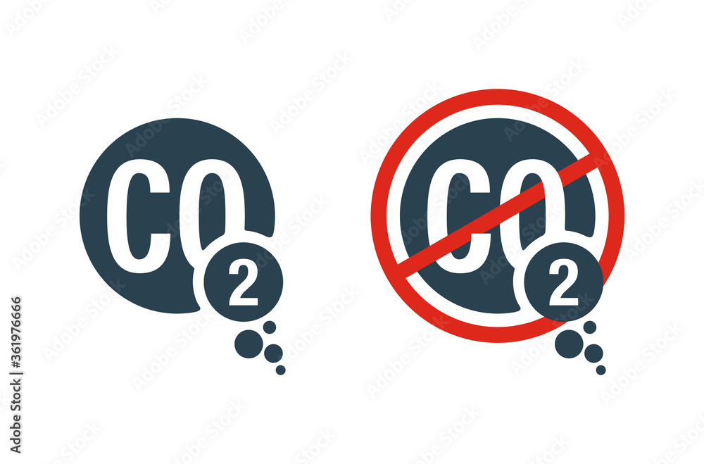 CO2 emissions and CO2 neutral sign - harmful air carbon contamination emblem - isolated vector icon on two options - flat and crossed out CO2 emissions and CO2 neutral sign - harmful air carbon contamination emblem - isolated vector icon on two options - flat and crossed out