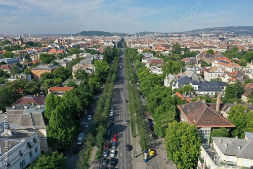 There is a beautiful view from Heroes' Square to Andrássy Street. Drone photo. Budapest, Hungary. photo