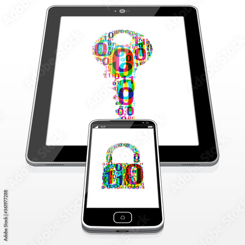 A Tablet PC and Smart Phone displaying a Binary software code “PadLock and Key” on their display screens.