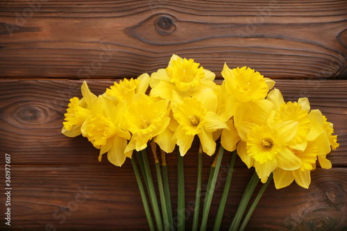 Yellow daffodils on wooden background