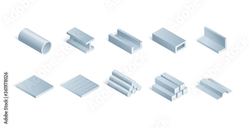 Rolled metal metallurgical steel products  - set of isometric icons for industry and metallurgy