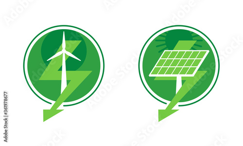 Renewable energy - green energy saving technology with alternative sources of electricity - wind power plant and solar panel - vector conceptual icons or logos