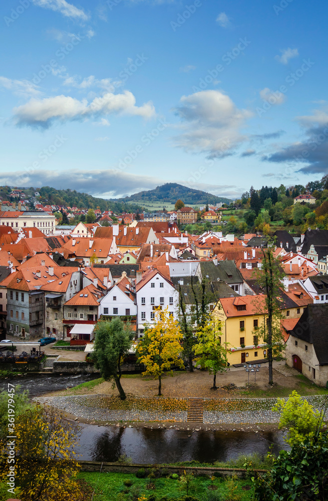 View of Cesky Krumlov, Czech Republic, the old medieval town. UNESCO World Heritage Site. Beautiful view to church and castle. One of the famous sights in the country. 