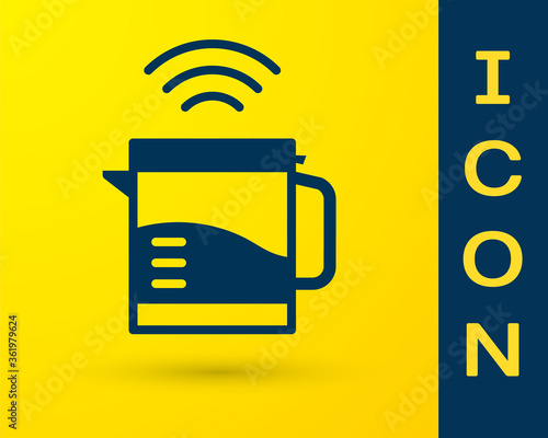 Blue Smart electric kettle system icon isolated on yellow background. Teapot icon. Internet of things concept with wireless connection. Vector.