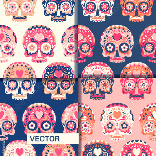 Dia de Los Muertos seamless vector patterns collection. Classic sugar in modern original pastel colors. Day of the dead backgrounds collection.