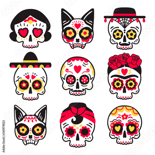 Cute childish sugar skulls set for Dia de los Muertos party. Collection for a garland. Vector flat design isolated on white.
