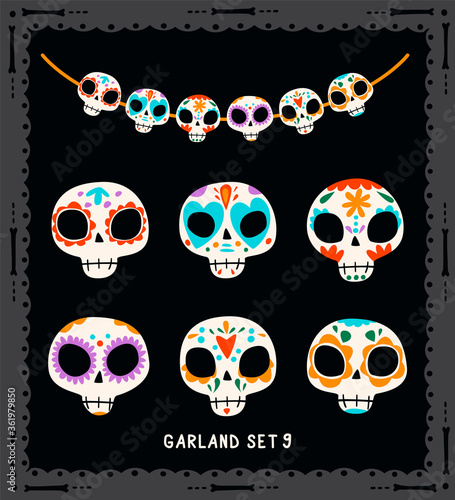 Cute cartoon style sugar skulls collection for Dia de los Muertos party bunting. Vector collection for a garland.
