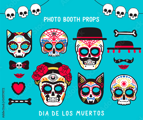 Photo booth props for Dia de los Muertos. Masks, mustache, lips, hanging decorations and other props for the party. Vector set.
