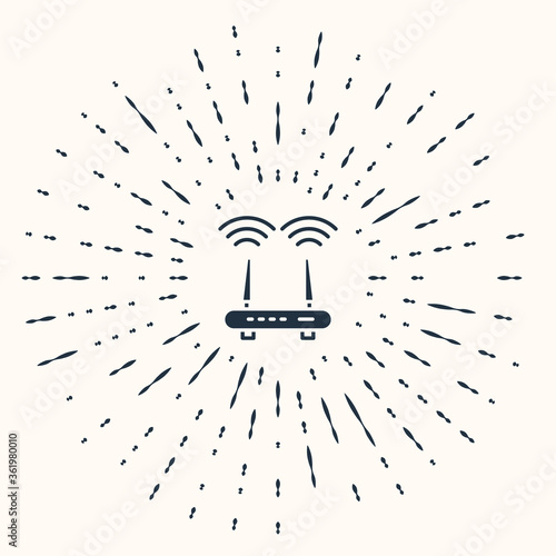 Grey Router and wi-fi signal icon isolated on beige background. Wireless ethernet modem router. Computer technology internet. Abstract circle random dots. Vector.
