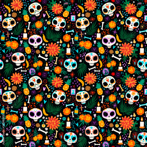 Dia de Los Muertos seamless vector pattern. The main symbols of the holiday on the dark background. Day of the dead.